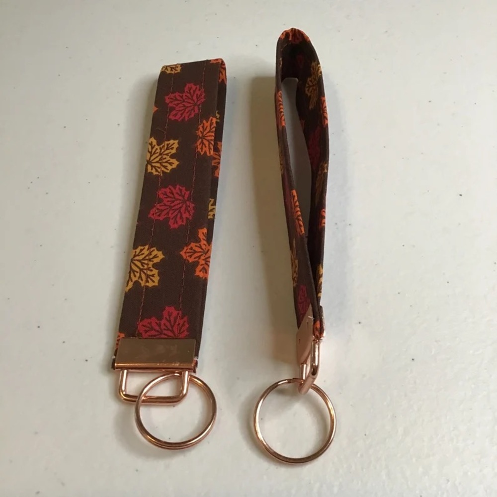 Keychain Wristlet Autumn Leaves with Rose Gold tone hardware HANDMADE New